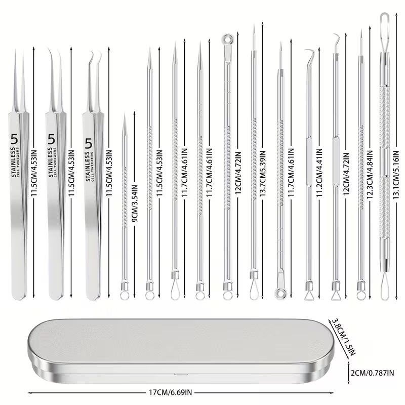 Set of metal tools with measurements and a silver case on a white background