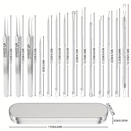 Set of metal tools with measurements and a silver case on a white background