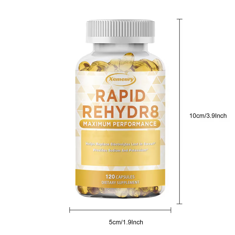 Supplement bottle labeled 'Rapid Rehydr8' with dimensions on a white background