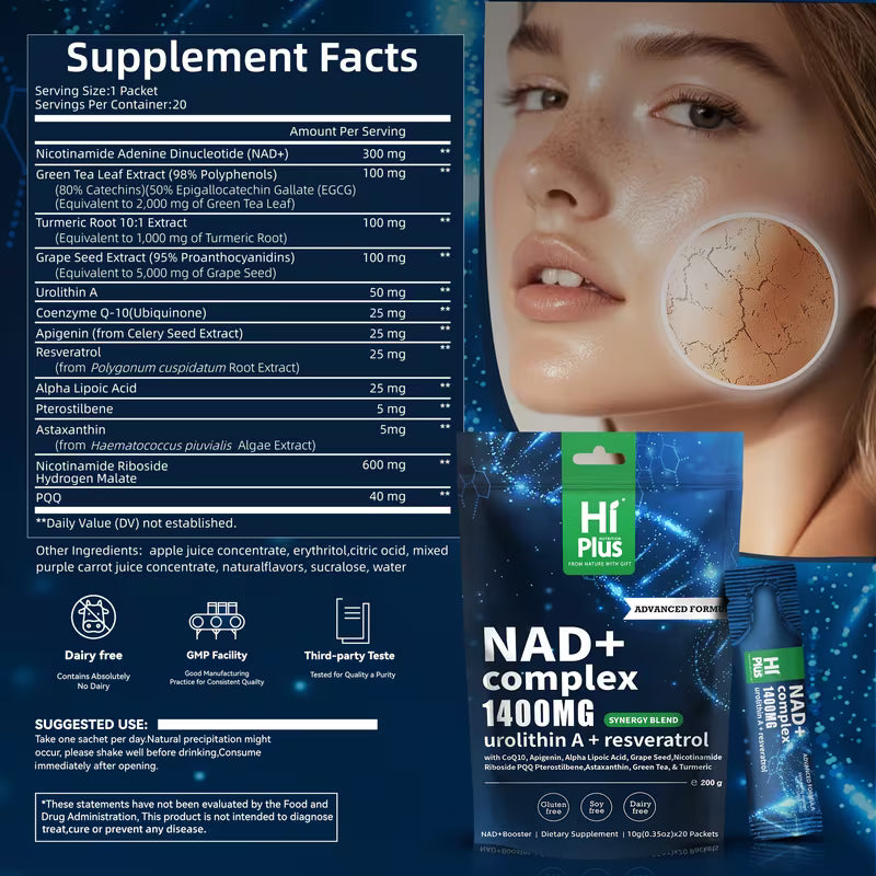 Supplement facts label and packaging of Hi Plus NAD+ complex 1400MG with a woman's face showing dry skin.