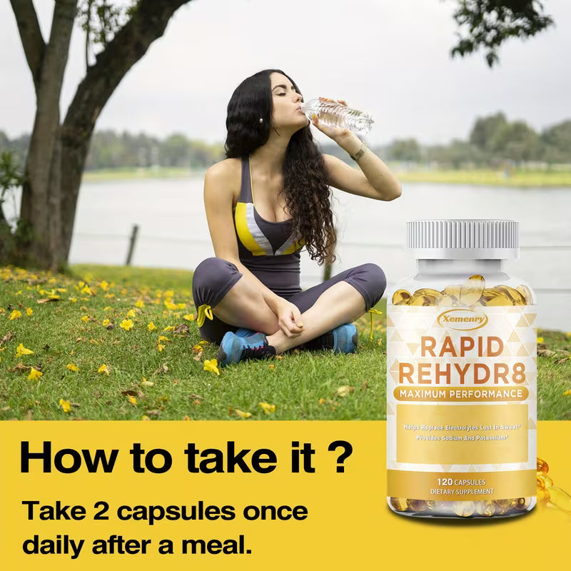 Woman drinking water outdoors with a bottle of 'Rapid Rehydra' supplement in the foreground.
