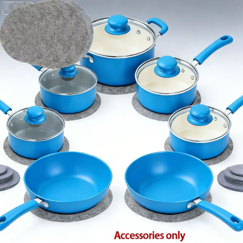 Set of blue cookware with gray lids on a white background