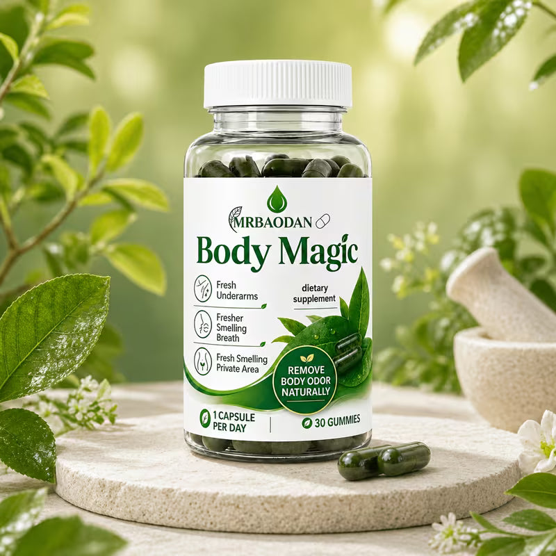 Bottle of 'Body Magic' dietary supplement with green leaves and natural elements in the background