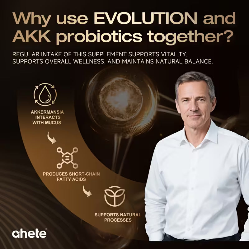 Promotional graphic for Evolution and AKK probiotics with a man in a white shirt and a coffee cup in the background.