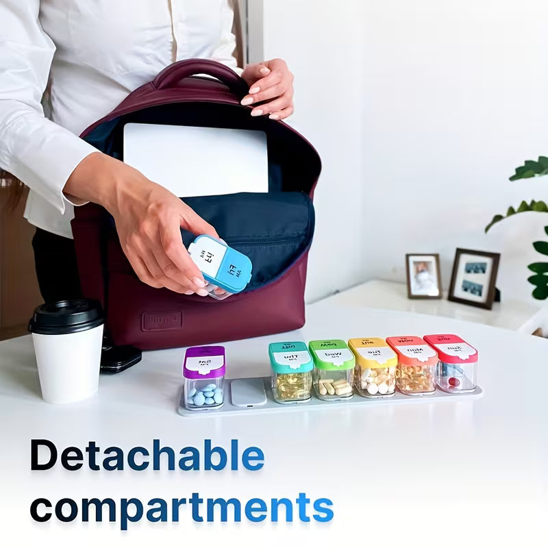 Person opening a bag with detachable compartments for medication, featuring a coffee cup and small plants in the background.