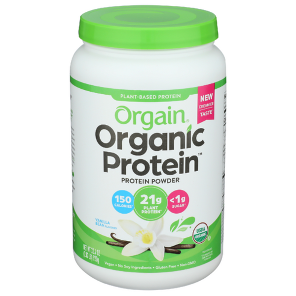 Orgain Organic Protein powder container with green lid on a white background
