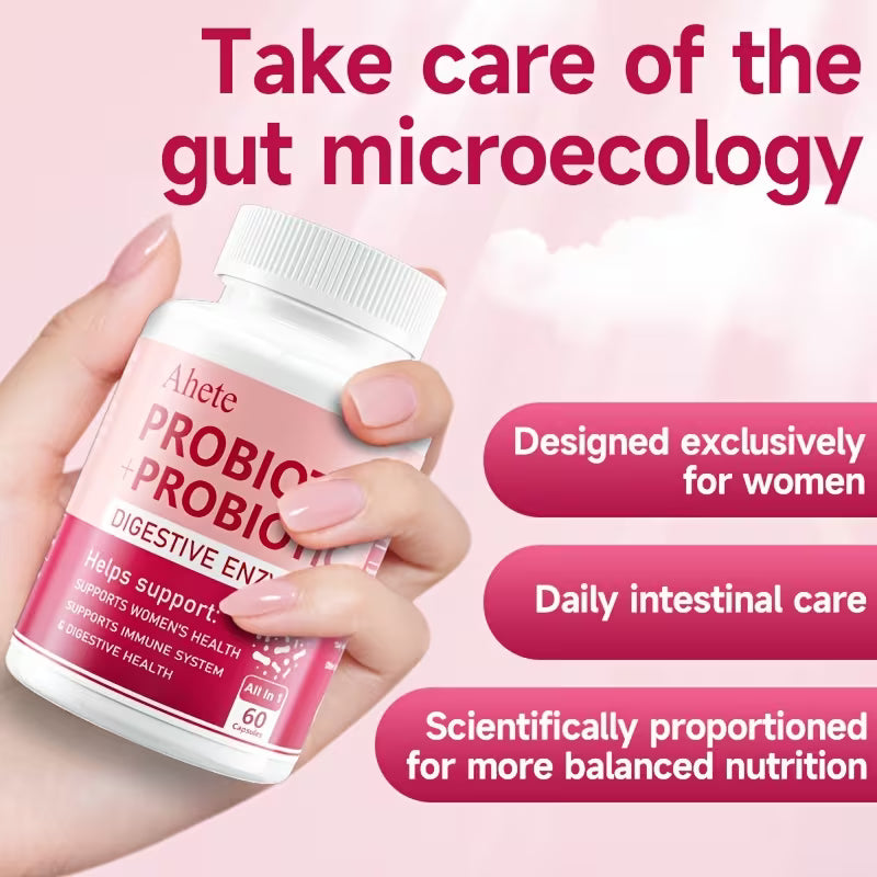 Hand holding a probiotic supplement bottle with promotional text on a pink background