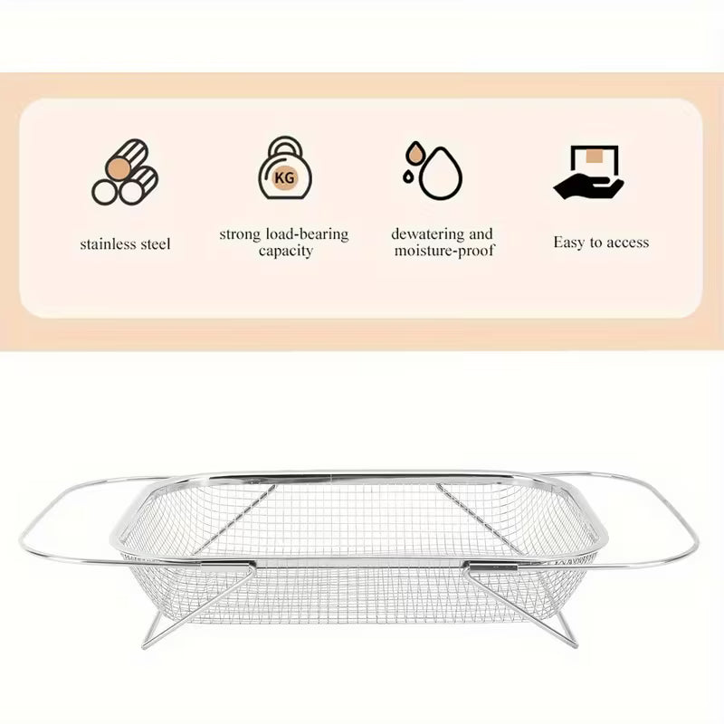 Metal mesh basket with features listed on a beige background