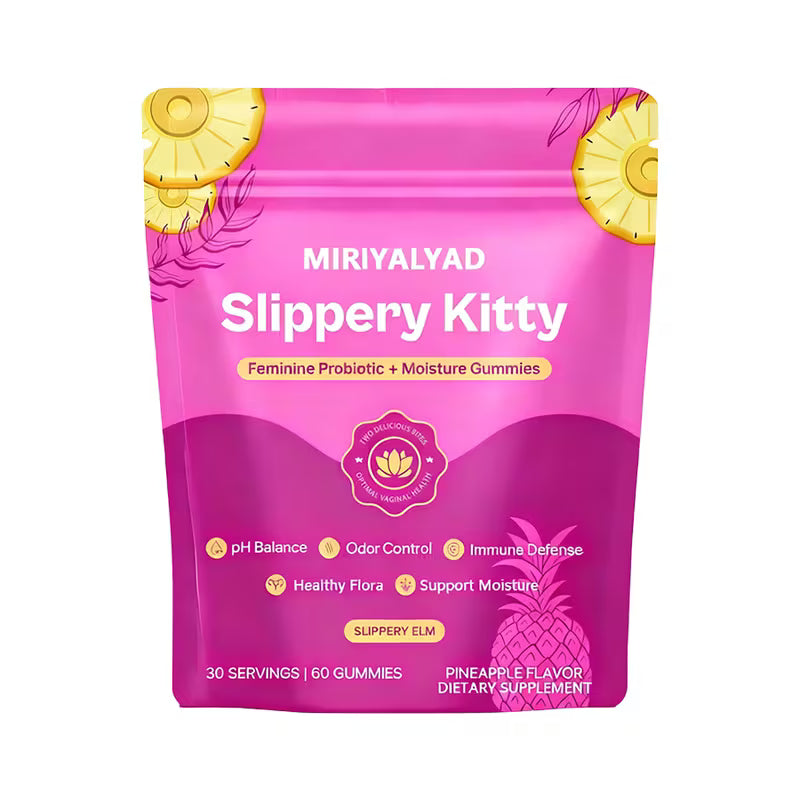 Pink package of Miriyalyad Slippery Kitty gummies with pineapple graphics on a white background