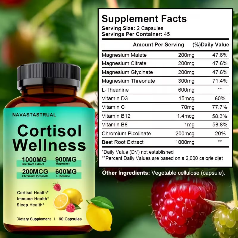 Cortisol Wellness Capsules 90ct – Magnesium, L-Theanine, Vitamins Peaceful Pleasures