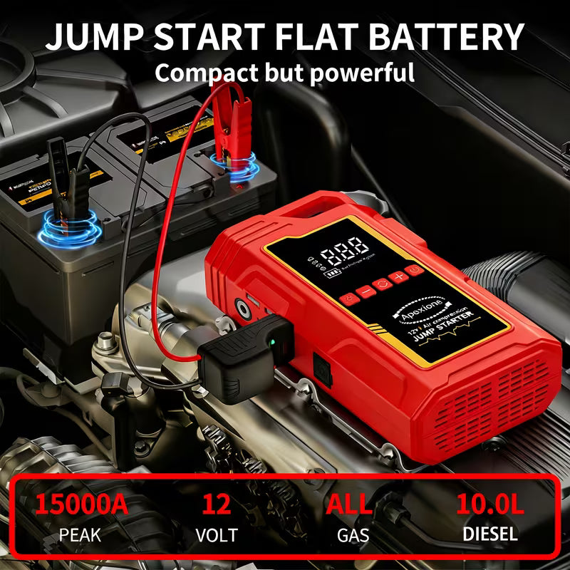 Red jump starter device being used to jumpstart a car battery with text indicating its power specifications.