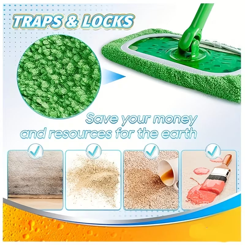 Cleaning tool with green pad and text about saving money and resources, on a white background.