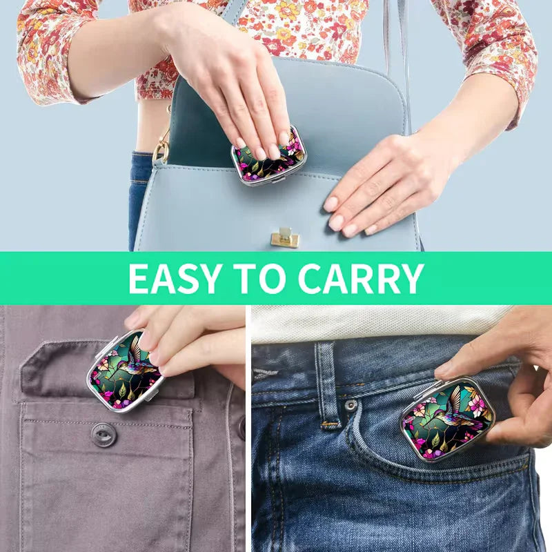 4pcs Flower & Hummingbird Metal Pill Box, Double Compartment Peaceful Pleasures
