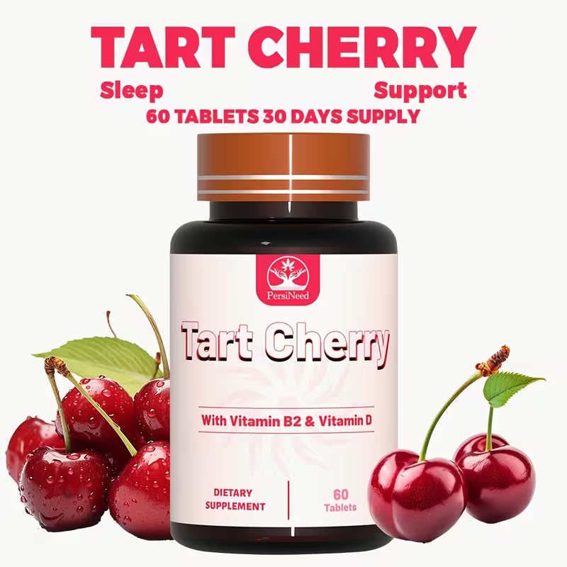 Tart cherry dietary supplement bottle with cherries on a white background