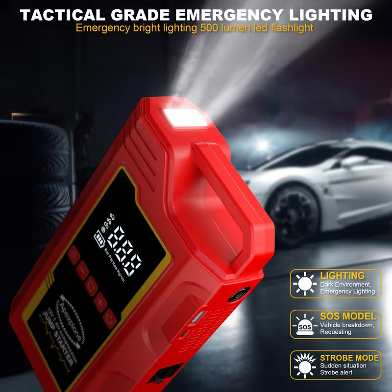 Red emergency lighting device with digital display and flashlight feature, set against a dark background with a car.