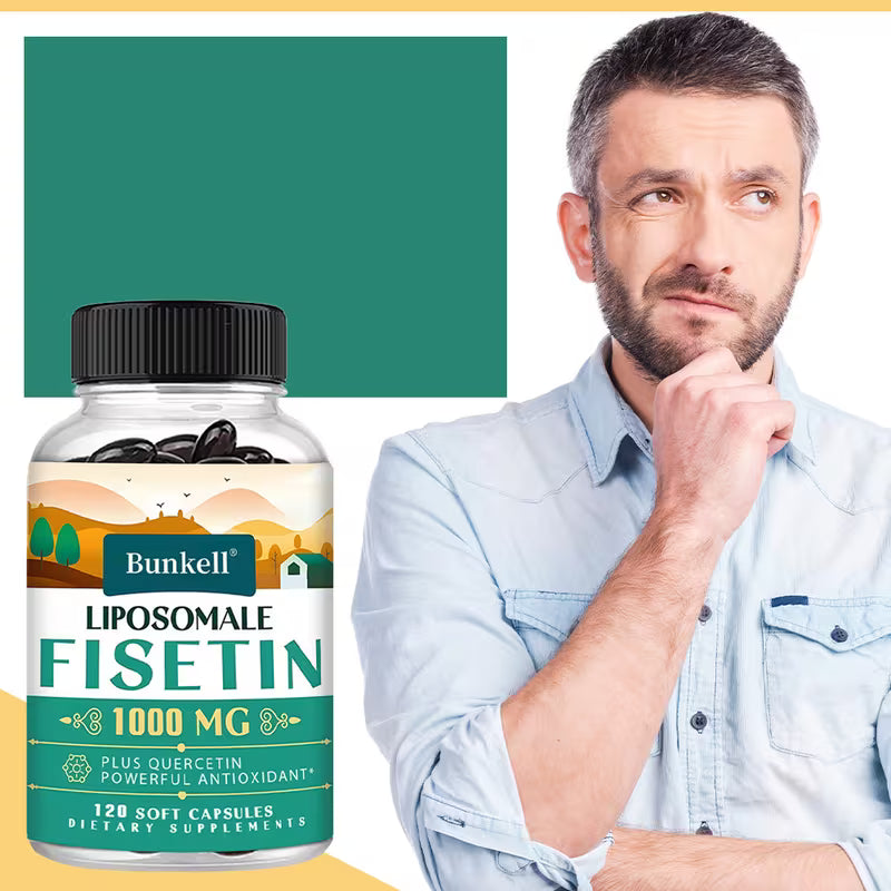 Bottle of Bunkell Liposomal Fisetin 1000 mg dietary supplement with a man in a light blue shirt思考.