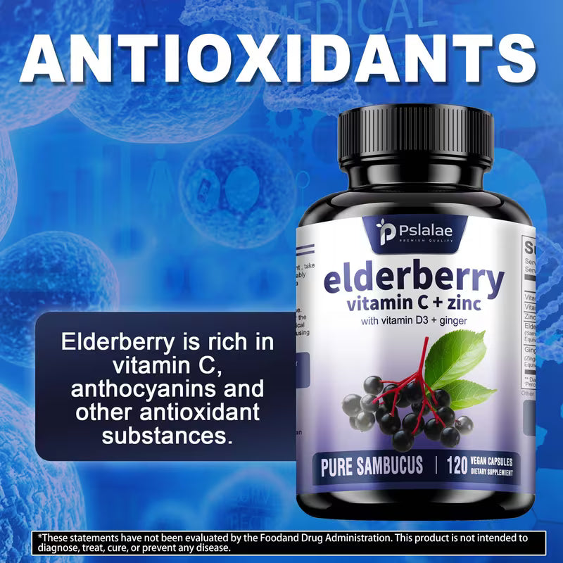 Elderberry with Vitamin C, D3, Ginger Root – 120ct Peaceful Pleasures