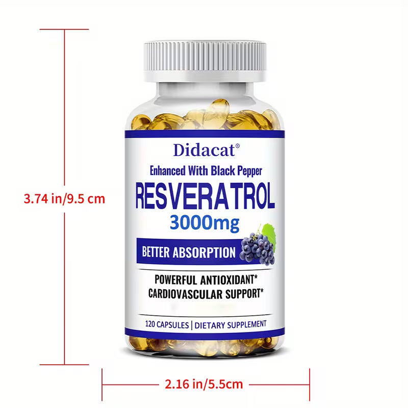 Supplement bottle labeled 'Didacat Resveratrol 3000mg' with measurements on a white background