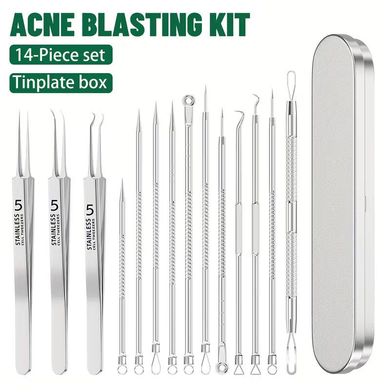 14-piece acne blasting kit with tools and tinplate box on a white background