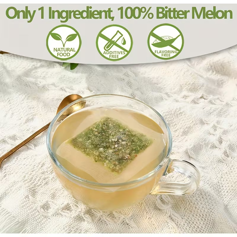 Glass cup with a bitter melon tea bag on a textured white surface, with text and icons indicating natural food and additive-free properties.