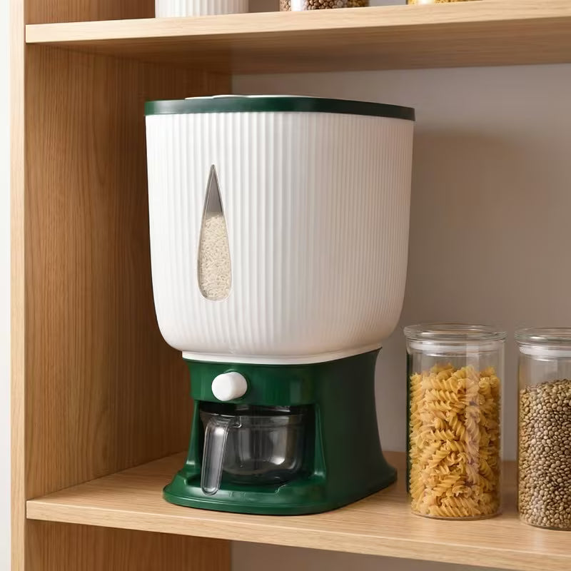 White and green pet food dispenser on a wooden shelf with jars of dry food.