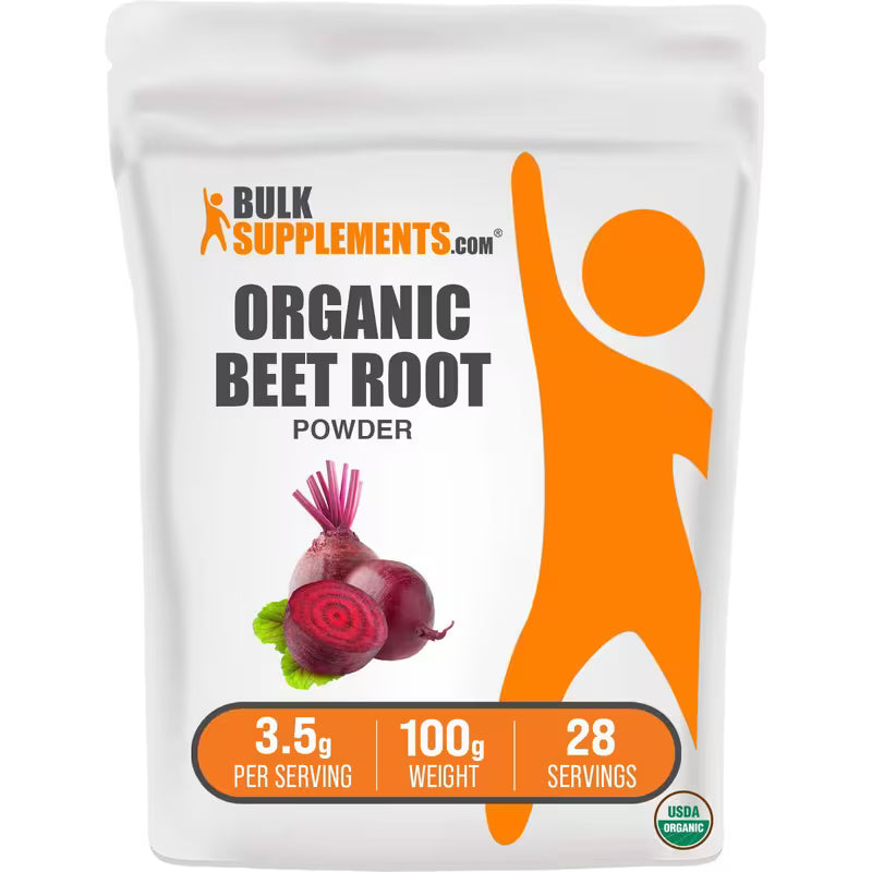 Package of Bulk Supplements Organic Beet Root Powder with a silhouette of a person and beet root illustration.