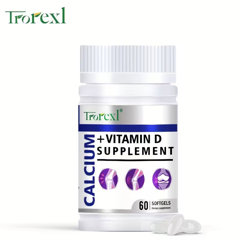 Calcium and Vitamin D supplement bottle with Troexl branding on a white background