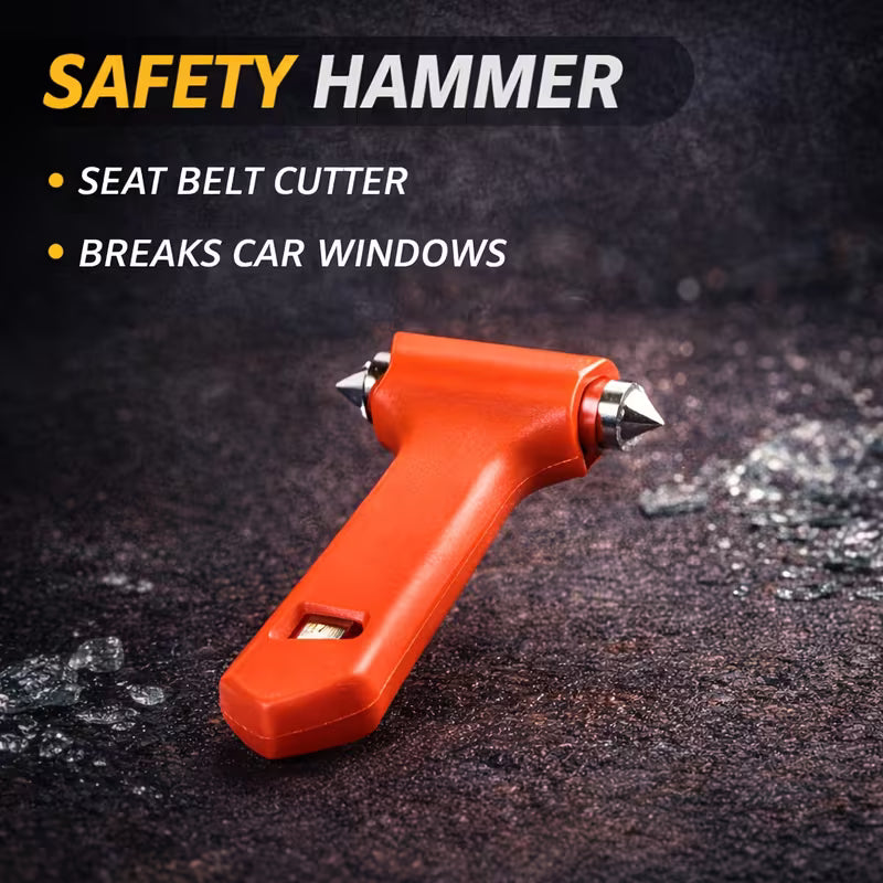 Orange safety hammer with seat belt cutter and window breaker functions on a dark background.
