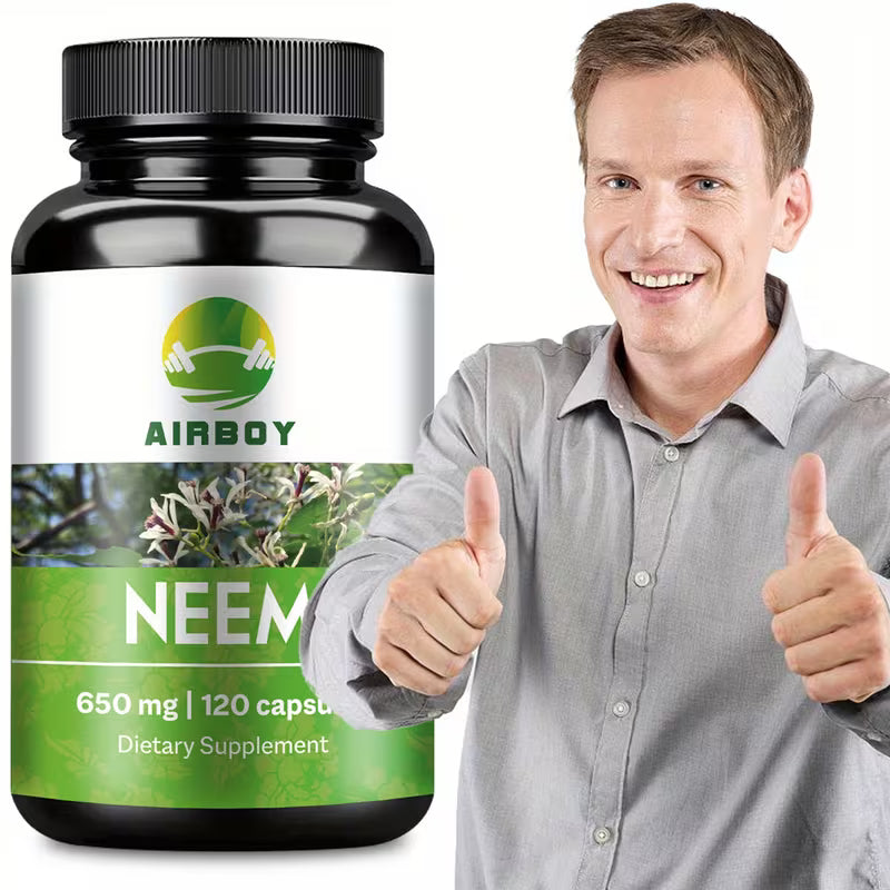 Airboy Neem dietary supplement bottle with a man giving a thumbs-up on a white background