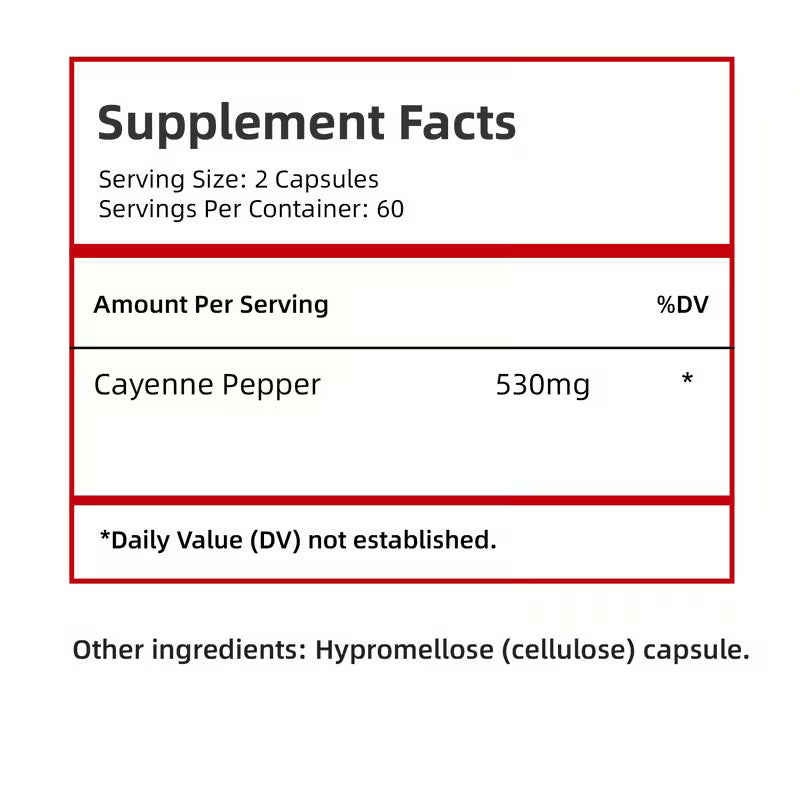 Supplement facts label with cayenne pepper content on a white background