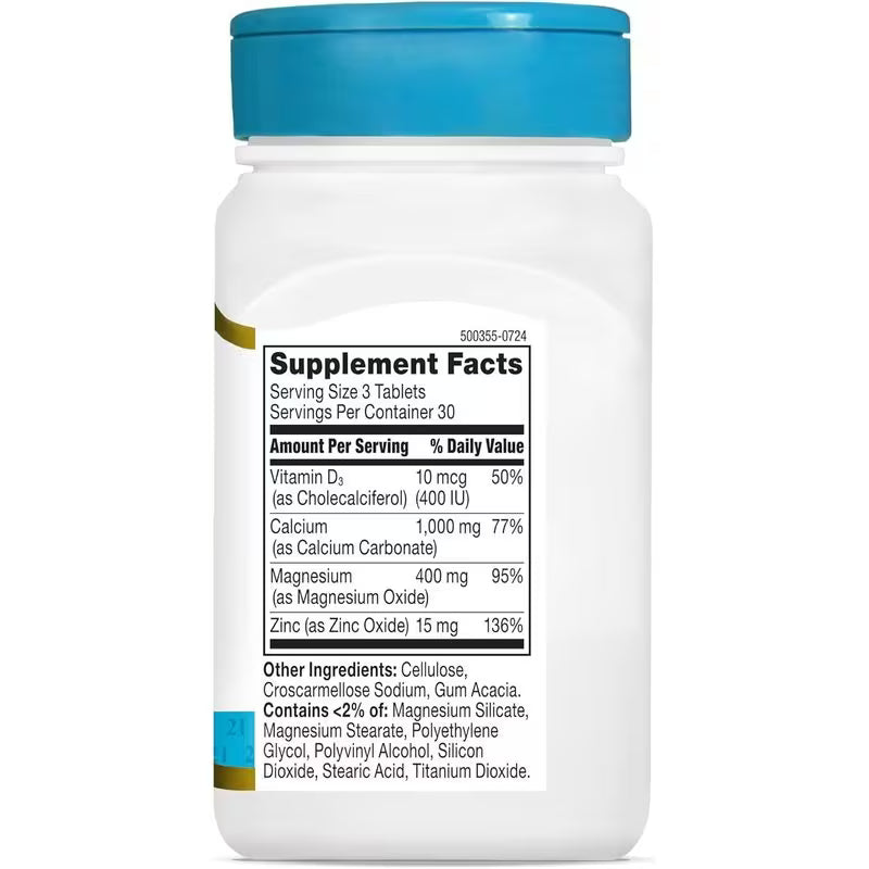 Supplement container with blue lid and label displaying supplement facts on a white background