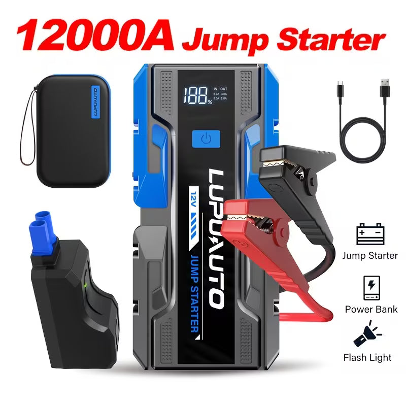 LUPUAUTO jump starter with clamps, cable, and case on a white background