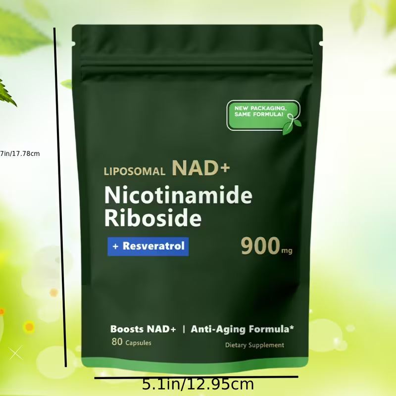 Liposomal NAD+ Booster 80-capsule bottle highlighting cellular energy and healthy aging benefits