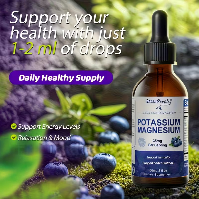 Bottle of Green People Potassium Magnesium supplement with blueberries and greenery in the background
