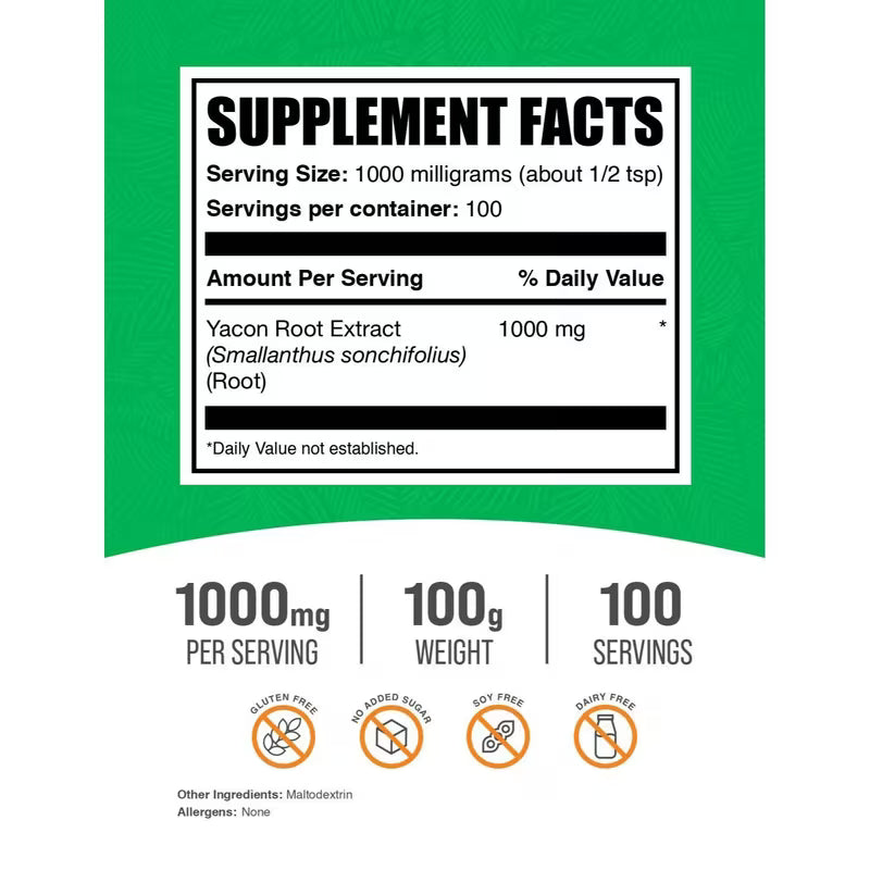 Supplement facts label with Yacon Root Extract on a green background