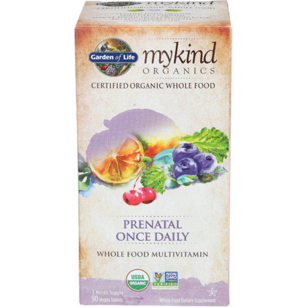 Garden of Life mykind Organics prenatal multivitamin box on a white background