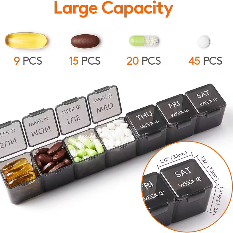 Pill organizer with different quantities of pills and size details.