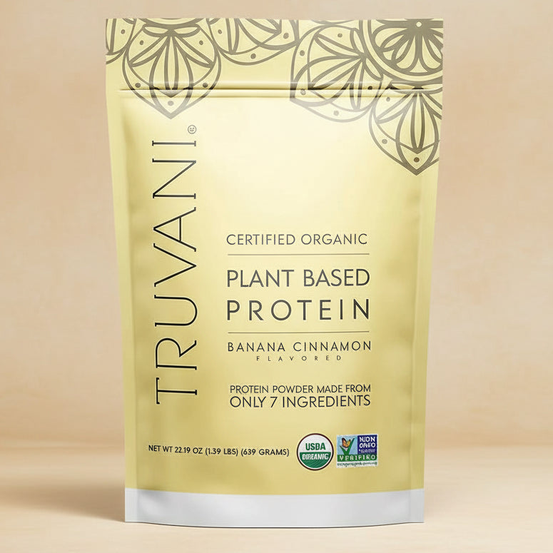 Truvani plant-based protein package with banana cinnamon flavor on a white background