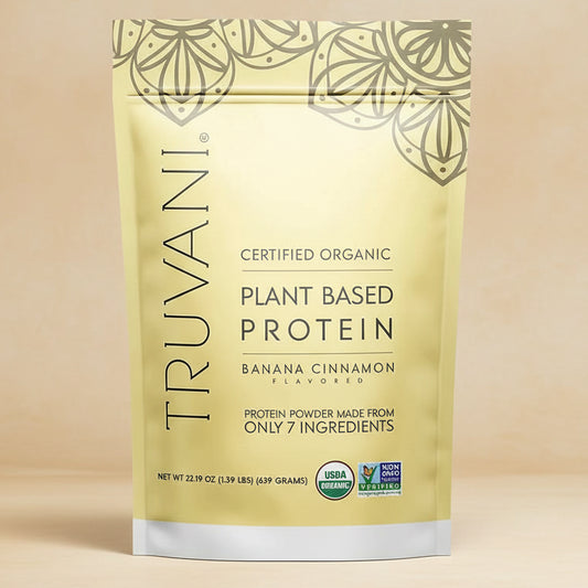 Truvani plant-based protein package with banana cinnamon flavor on a white background
