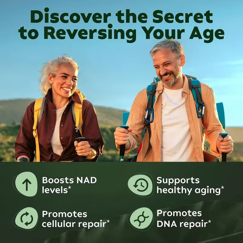 Two people hiking with text about reversing aging and product benefits.