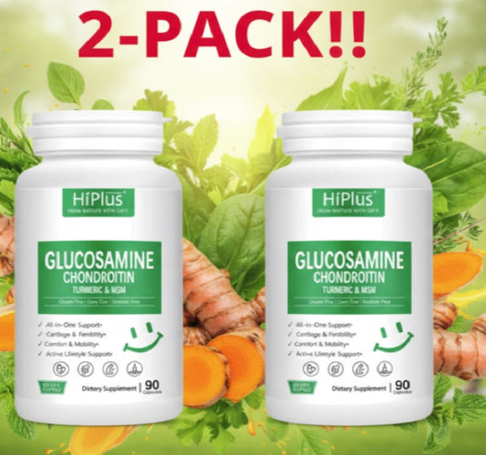 Two bottles of HiPlus Glucosamine Chondroitin with turmeric and MSM on a green leafy background.