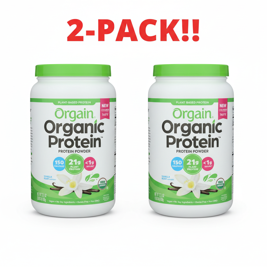 Two containers of Orgain Organic Protein on a white background with '2-Pack!!' text above.