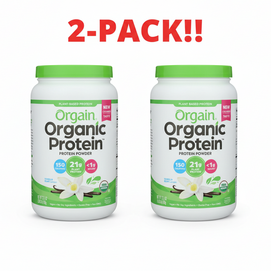 Two containers of Orgain Organic Protein on a white background with '2-Pack!!' text above.