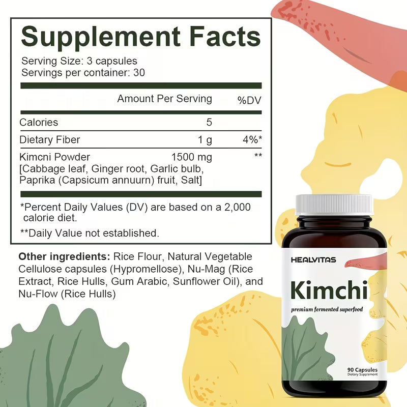 Supplement facts label and bottle of Healvitas Kimchi supplement with kimchi ingredients in the background.
