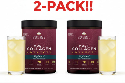Two containers of Ancient Nutrition Multi Collagen Advanced with glasses of a yellow drink on a white background.