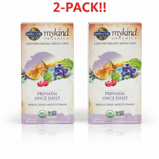 Two boxes of Garden of Life mykind Organics Prenatal Once Daily vitamins on a white background.