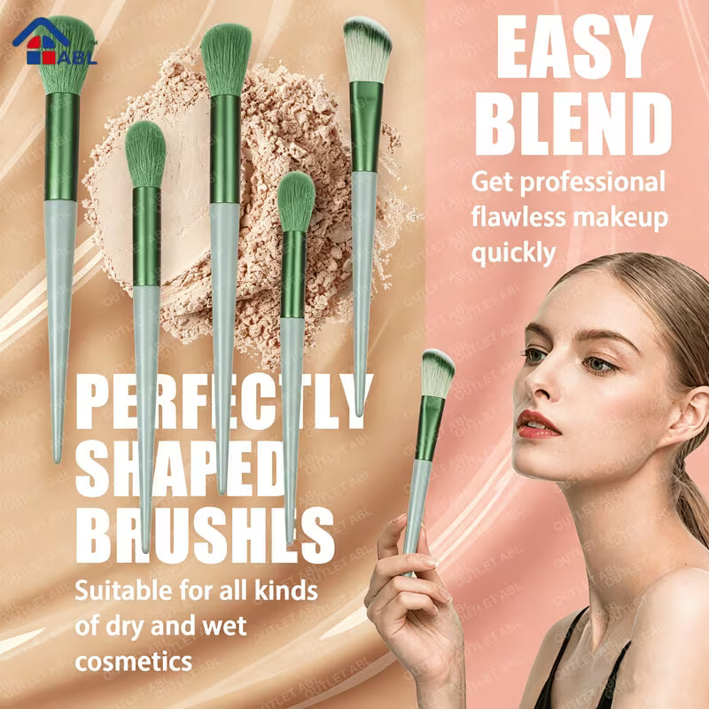 Makeup brushes with a woman holding one, text about easy blend and perfectly shaped brushes.