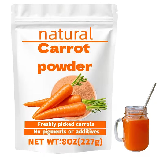 Bag of natural carrot powder with a glass of carrot juice on a white background