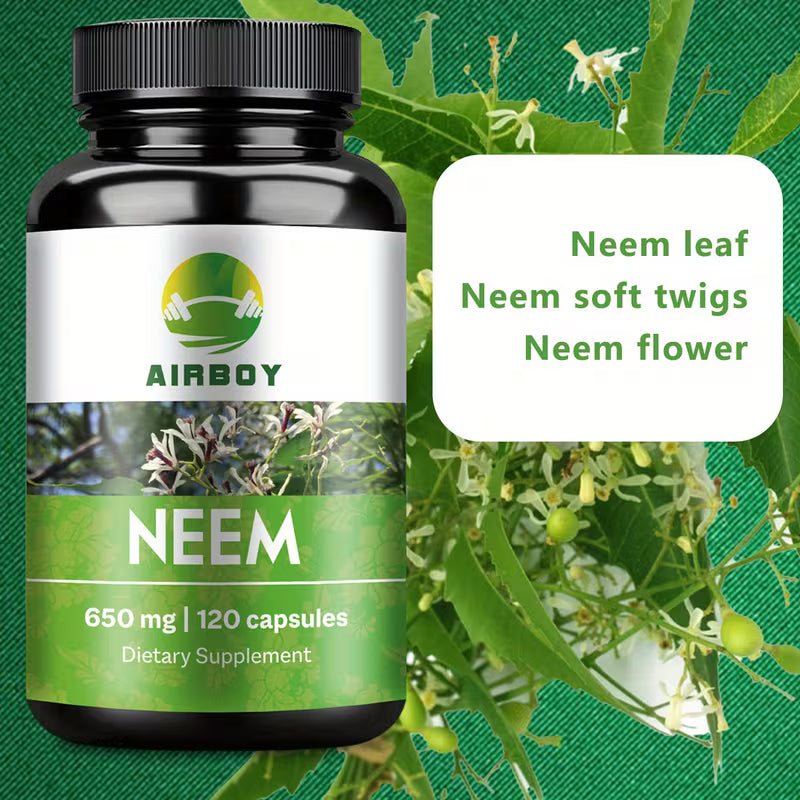 Neem supplement bottle with neem leaves and flowers on a green background