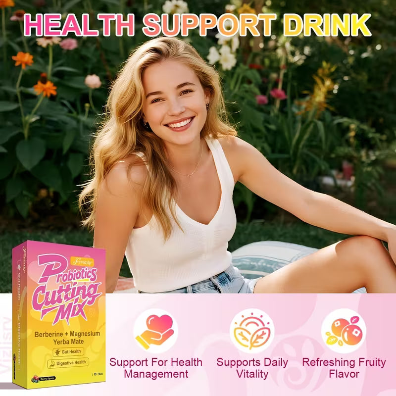 Woman sitting outdoors with a health support drink box and packaging in front of her.